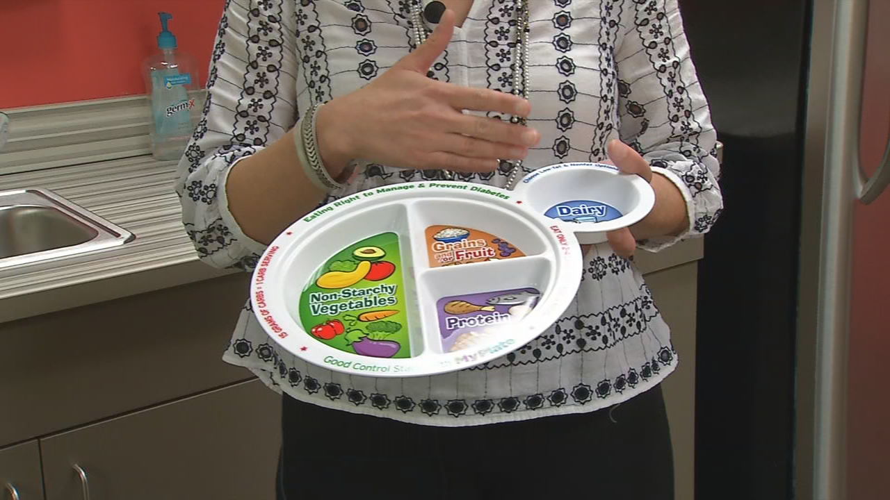 Plate labeled with healthy food items for children